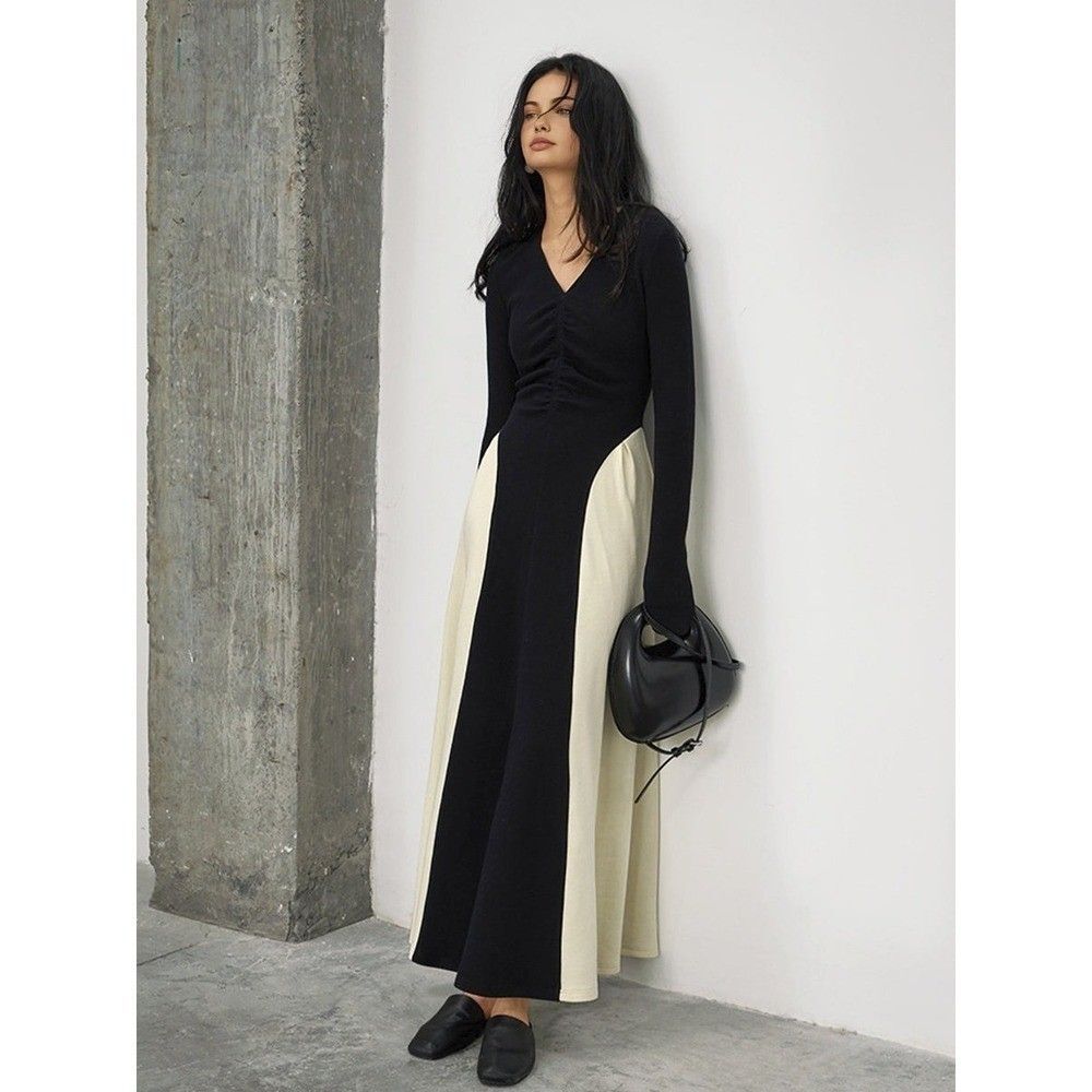 Commense Long Sleeve Maxi Dress Color Block V Neck Casual Elegant - Size XS NWT